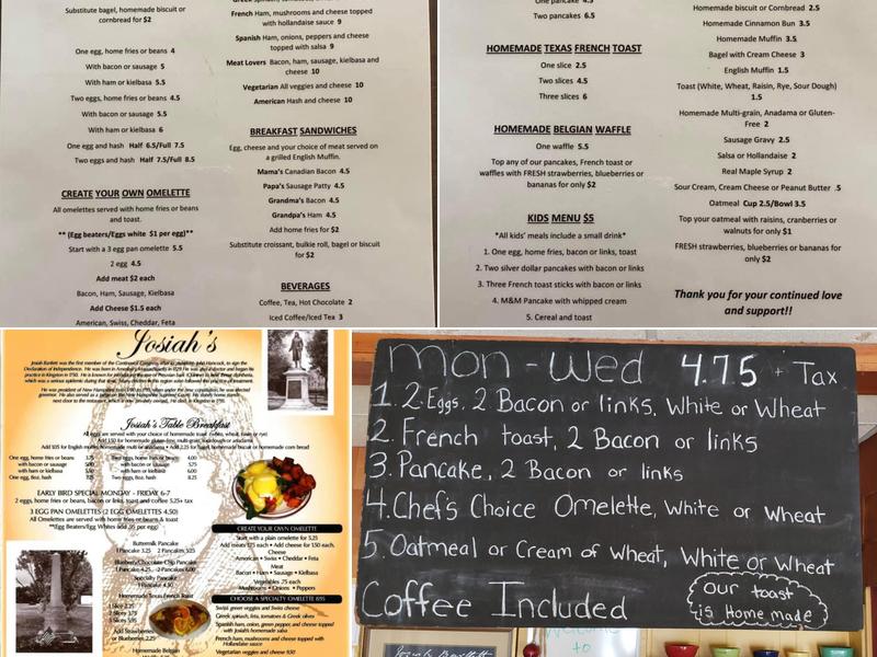 Josiah's Restaurant Menu