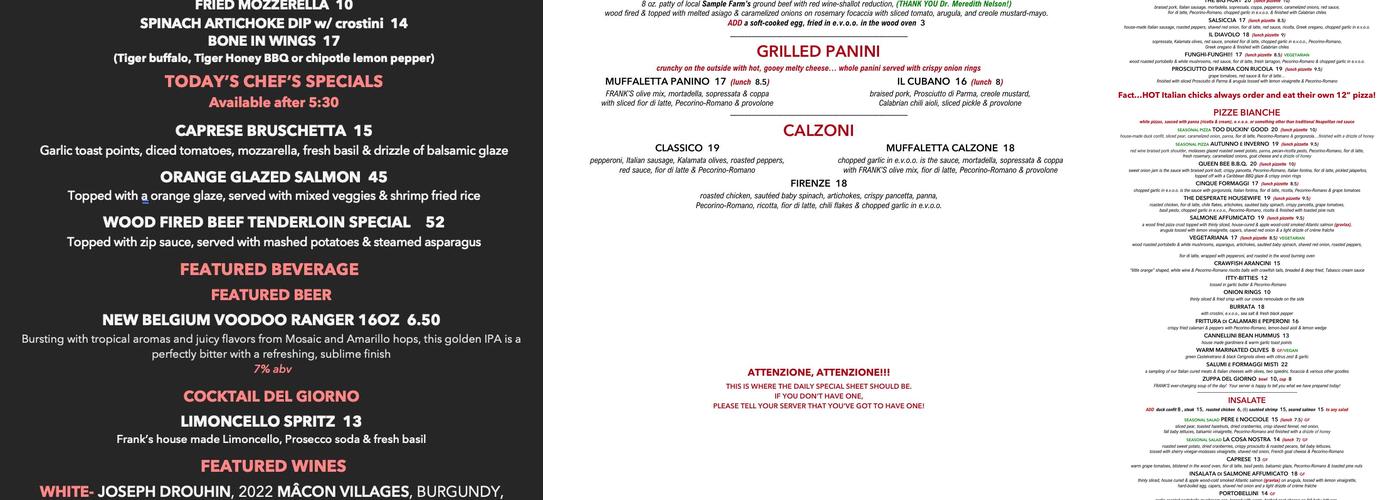 Frank's Pizza Napoletana Menu