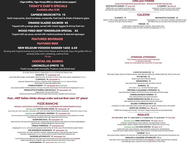 Frank's Pizza Napoletana Menu