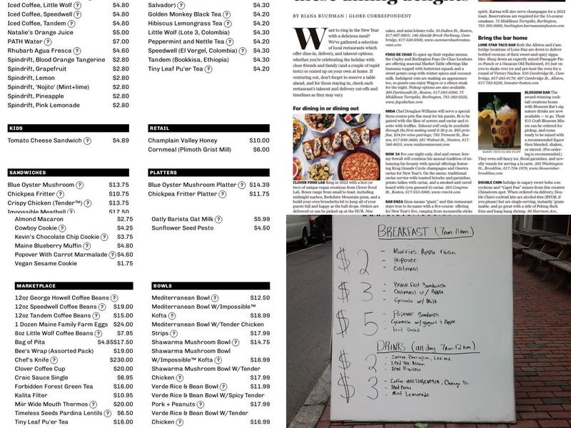 Clover Food Lab Menu