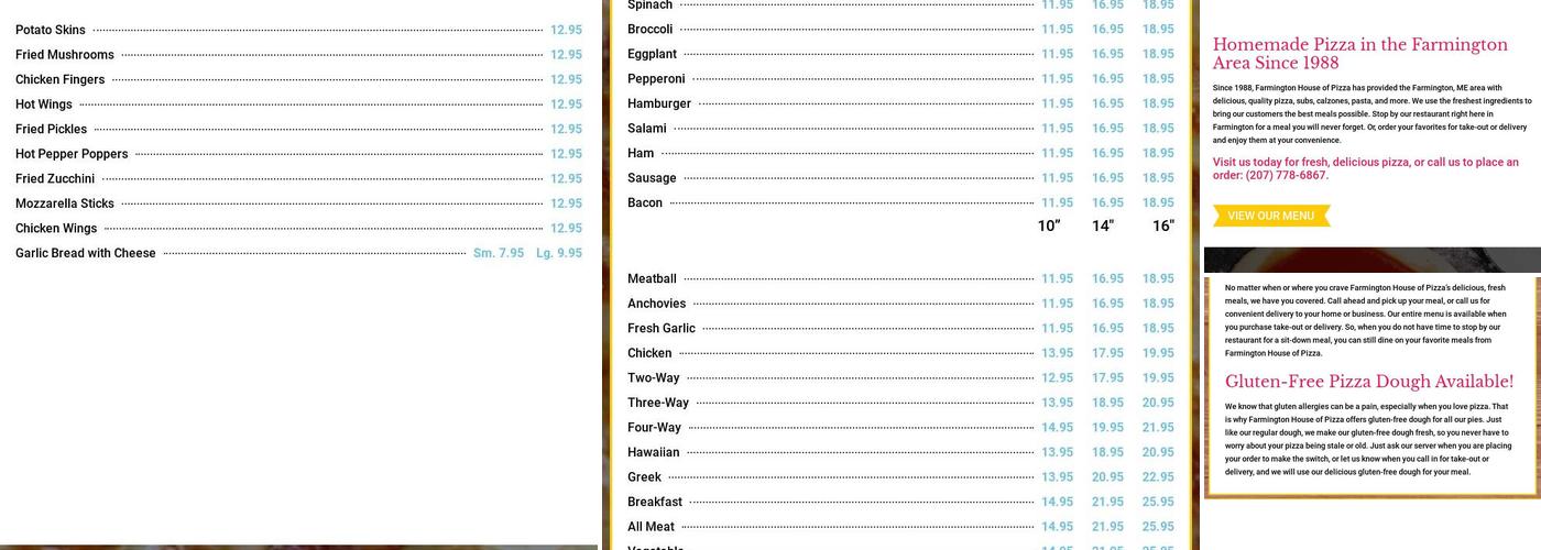 Farmington House of Pizza Menu