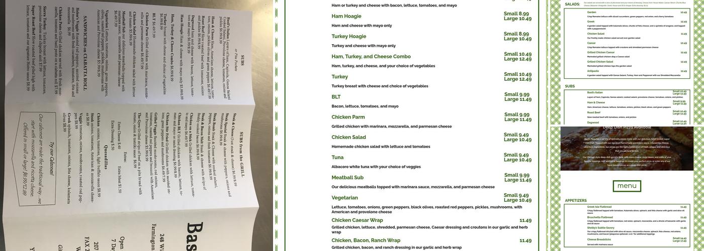 Basil's Pizza Menu