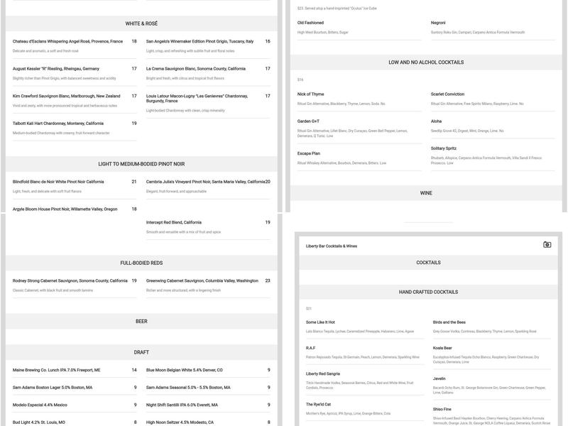 CLINK. and The Liberty Bar Menu