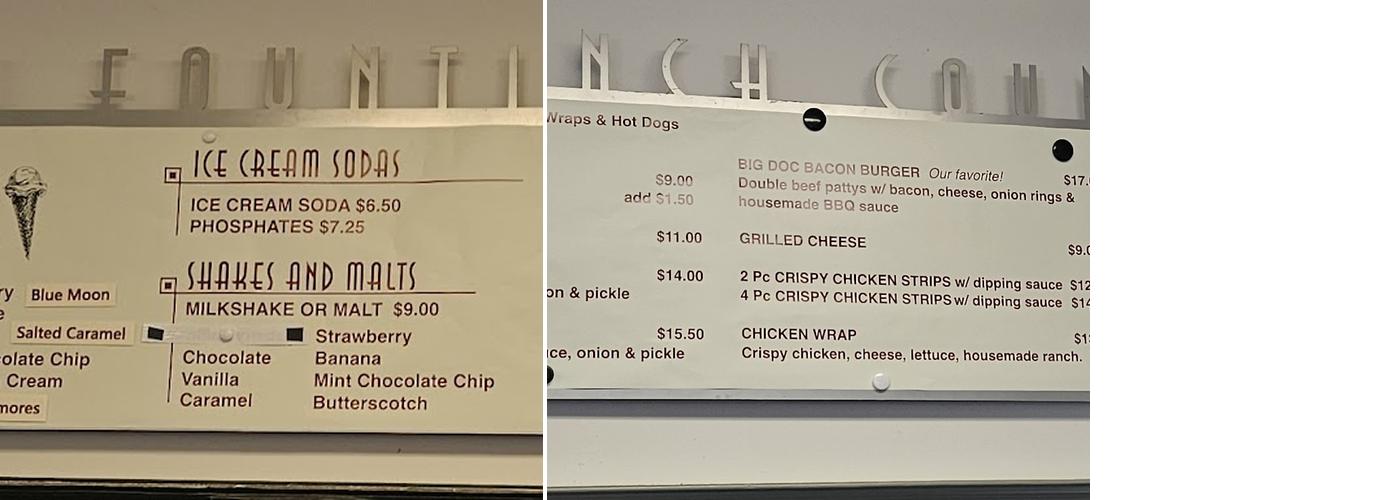 Doc's Soda Fountain Menu