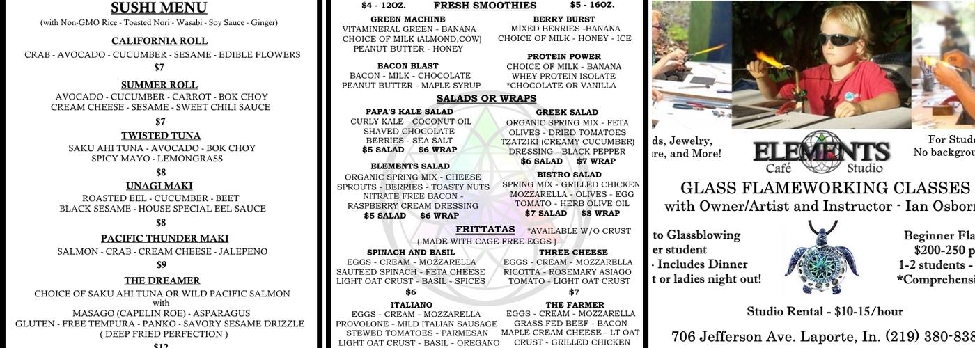 Elements Cafe and Studio Menu