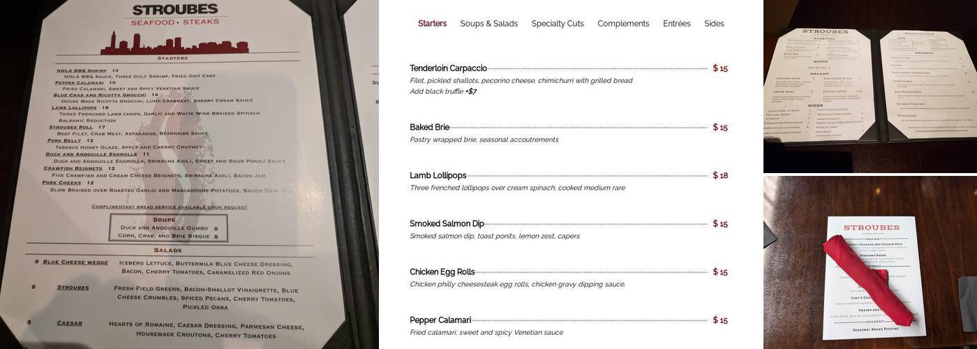 Stroubes Seafood and Steaks Menu