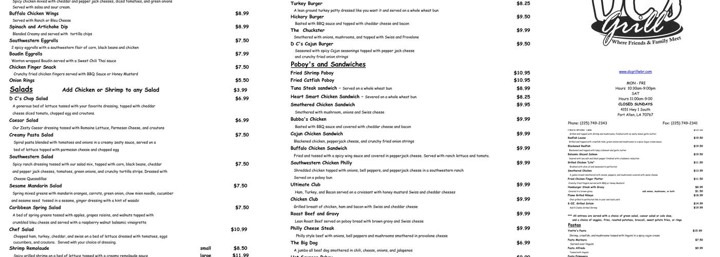 DC's Grill Menu