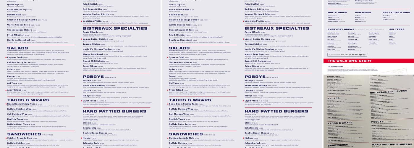 Walk-On's Sports Bistreaux - Burbank Restaurant Menu