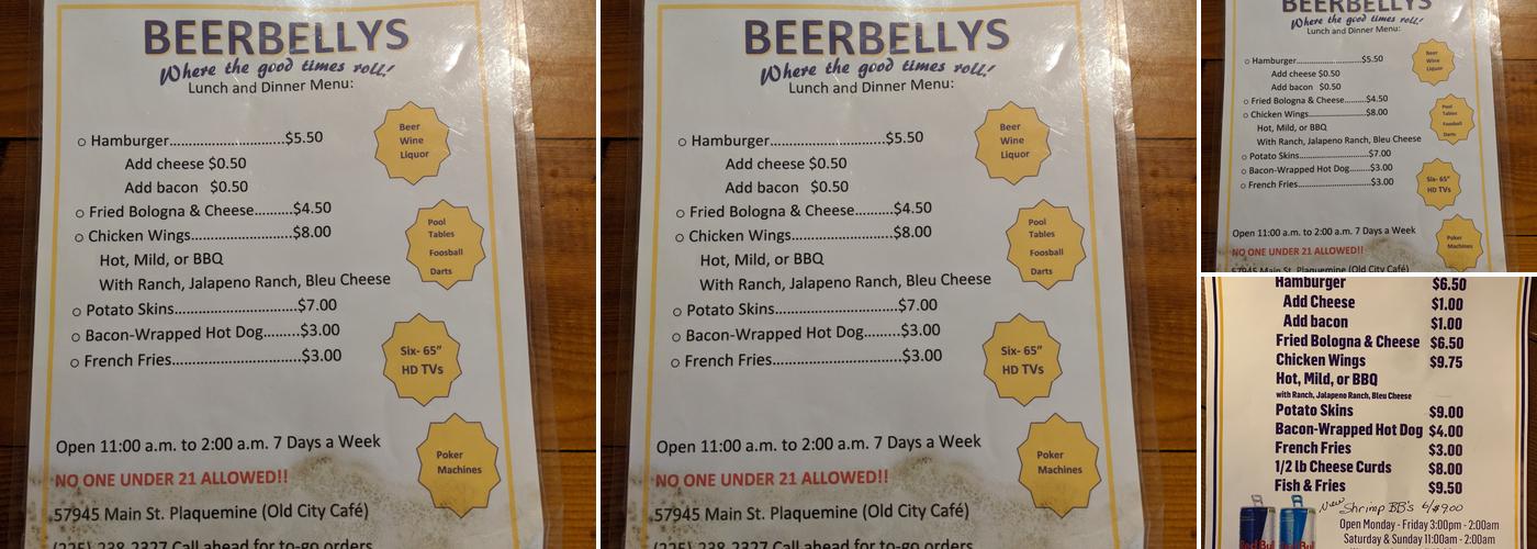 Beer Belly's Bar & Grill Menu