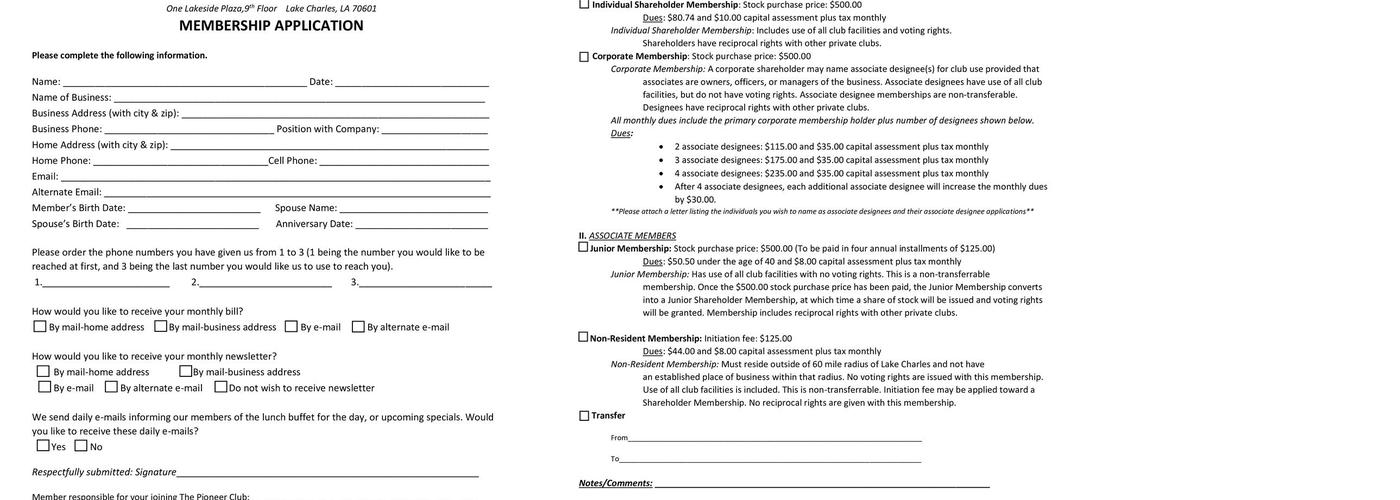 The Pioneer Club Menu