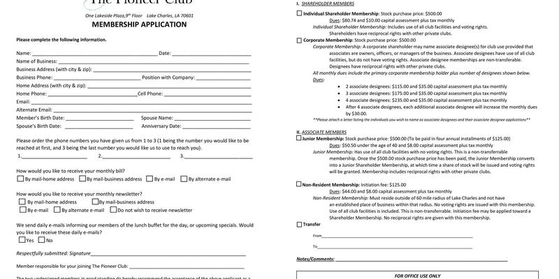 The Pioneer Club Menu