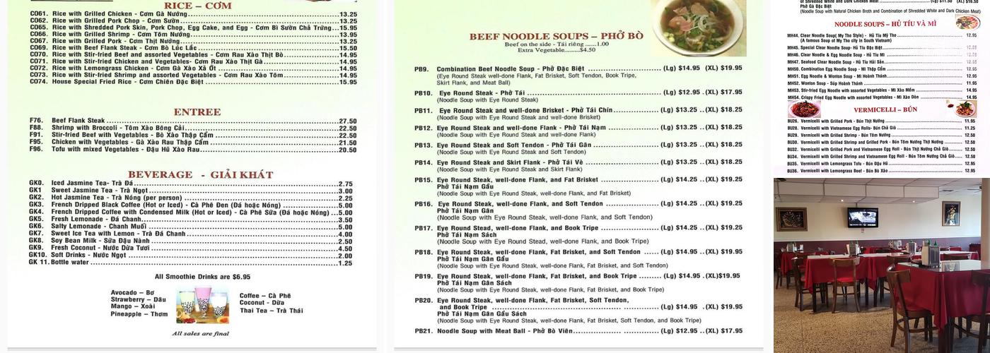 Phở Sunrise Menu