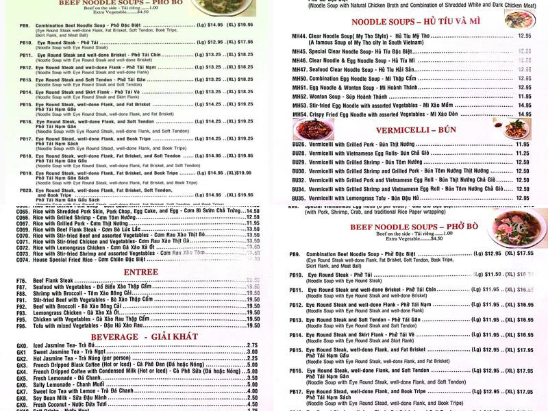 Phở Sunrise Menu