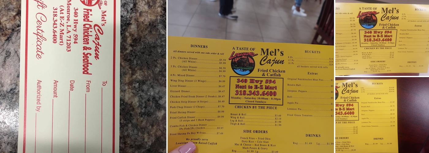 Mel's Cajun Fried Chicken & Catfish Menu