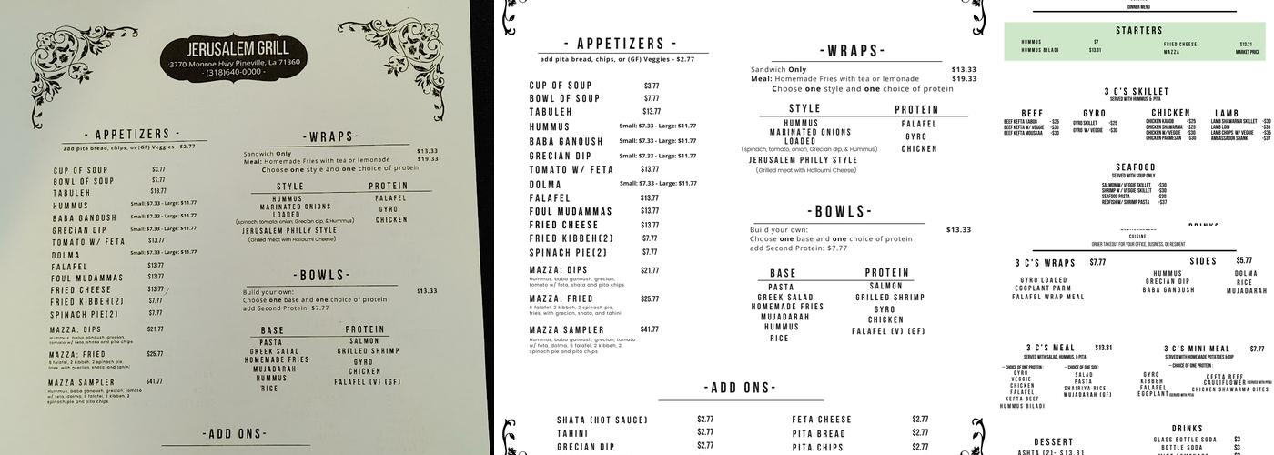 Jerusalem Grill Menu