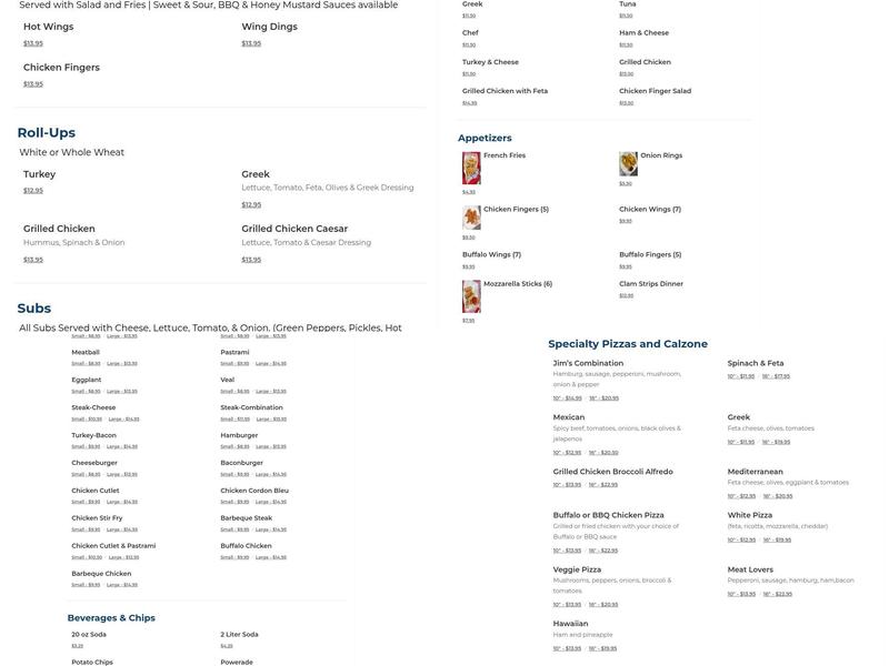 Jim's Pizza and sub Menu