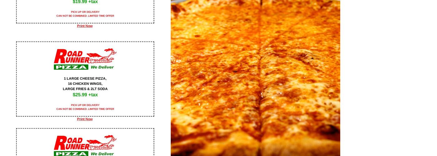 Road Runner Pizza Menu