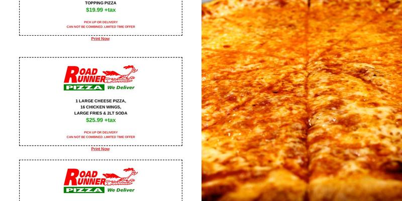 Road Runner Pizza Menu