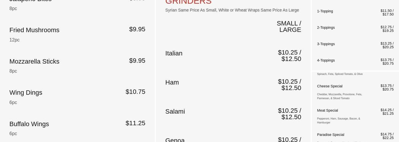 Paradise Pizza Menu