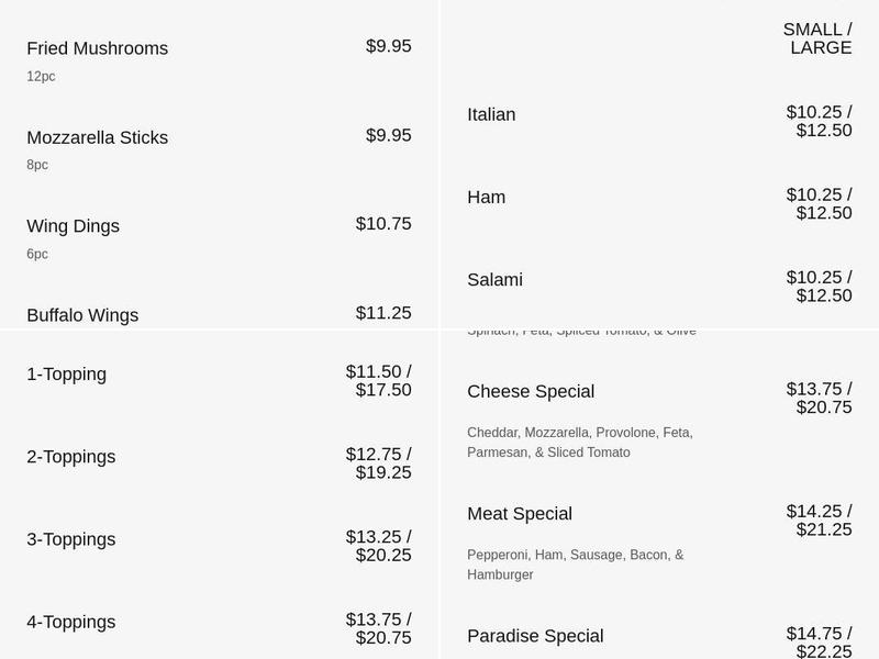Paradise Pizza Menu