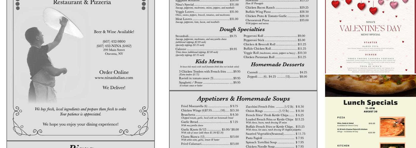Nina's Italian Resturant & Pizzera Menu