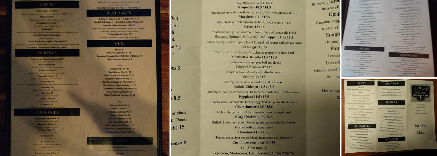 TreMonte Pizzeria Restaurant & Bar Menu