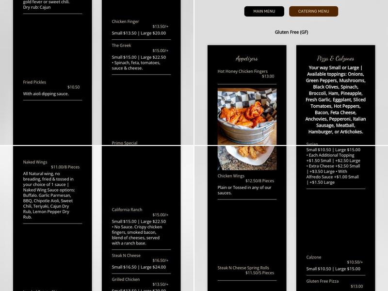 Primo Pizza Restaurant Menu