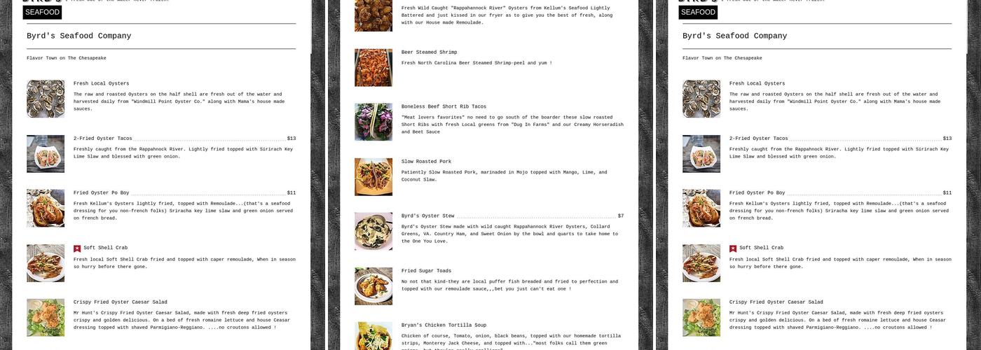 Byrd's Seafood Company Menu