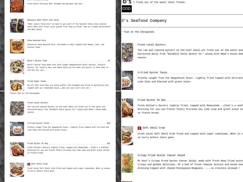 Byrd's Seafood Company Menu