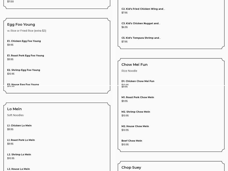 Hong Kong Buffet Menu