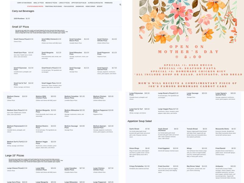 Spang's Italian Restaurant Menu