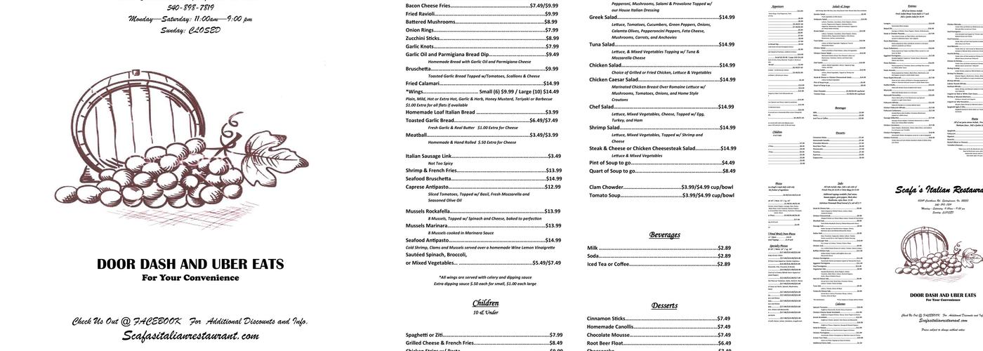 Scafa's Italian Restaurant Menu