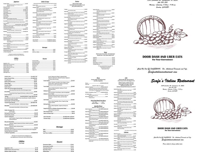 Scafa's Italian Restaurant Menu