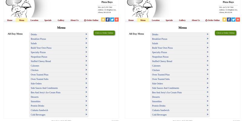 Pizza Days Menu