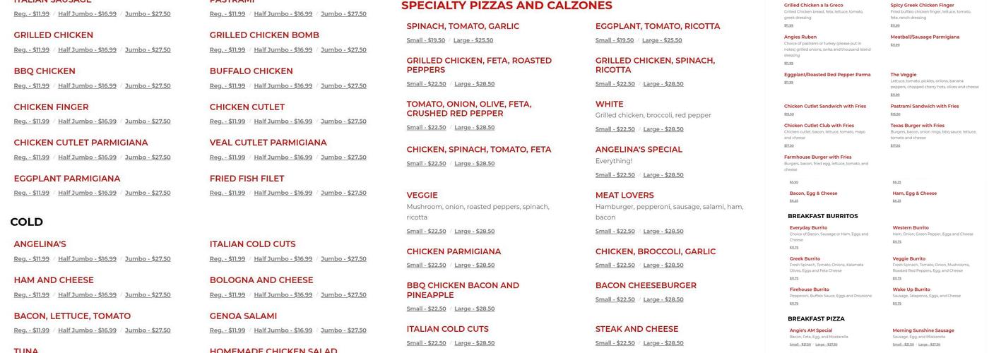 Angelina's Pizzeria Menu