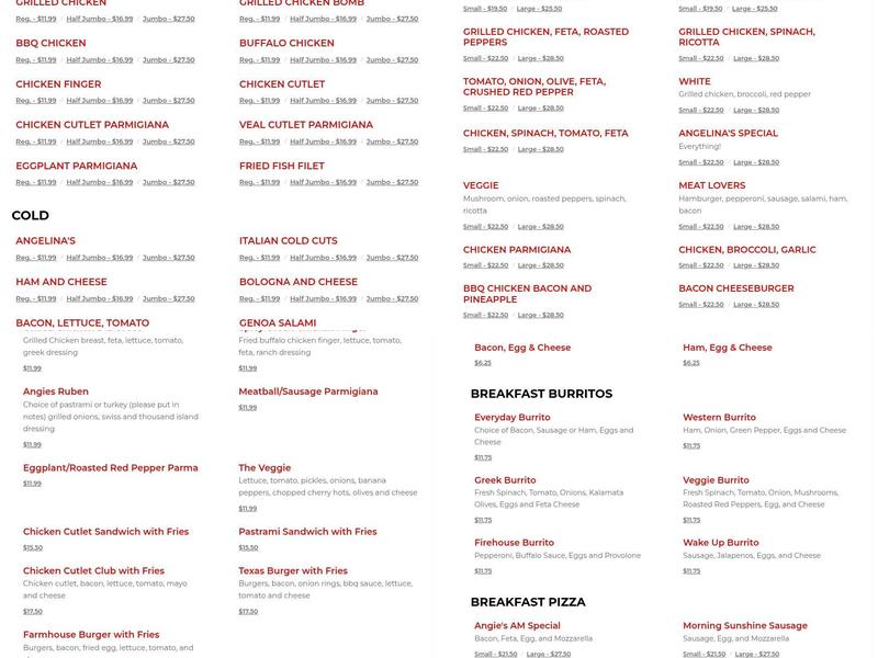 Angelina's Pizzeria Menu