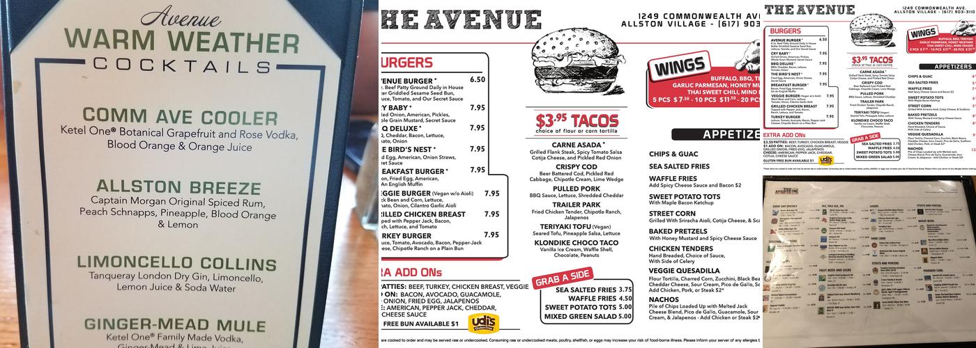 The Avenue Bar Allston Menu