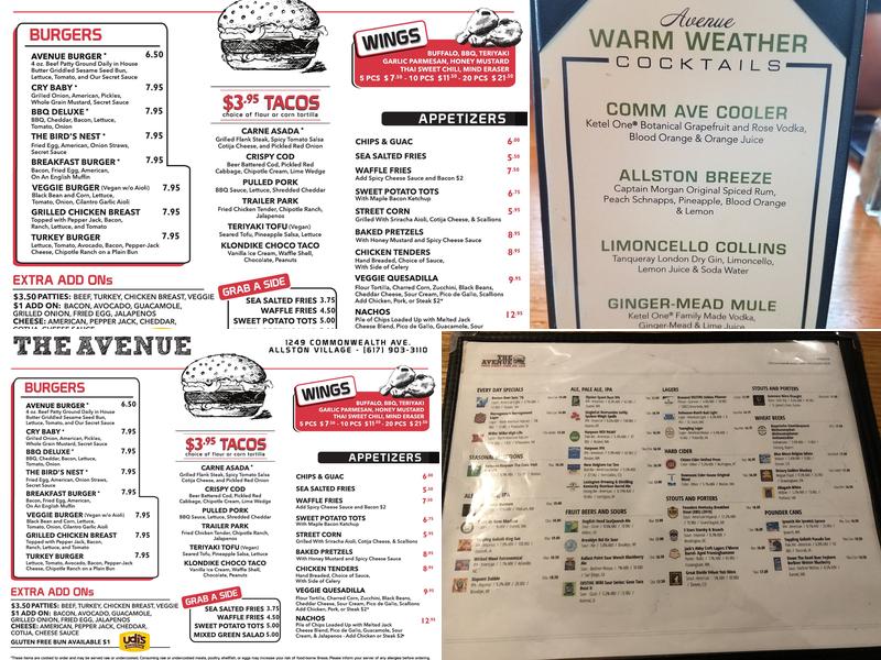The Avenue Bar Allston Menu