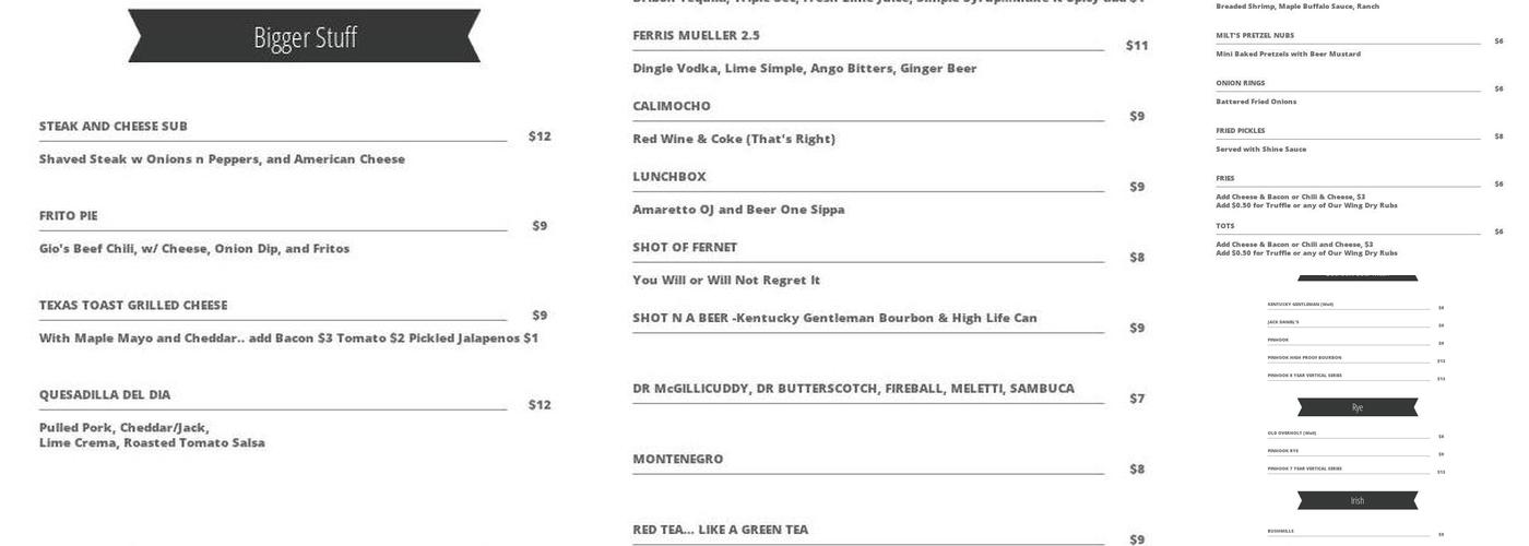 Shine Square Pub Menu