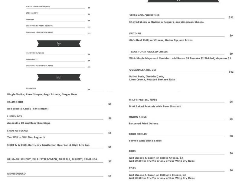 Shine Square Pub Menu