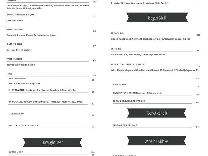 Shine Square Pub Menu