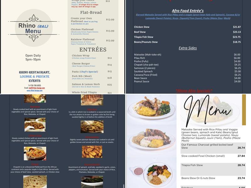 RHINO RESTAURANT & LOUNGE Menu