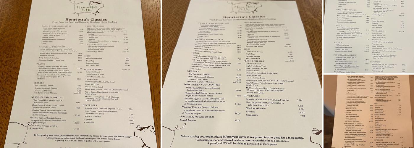 Henrietta's Table Menu