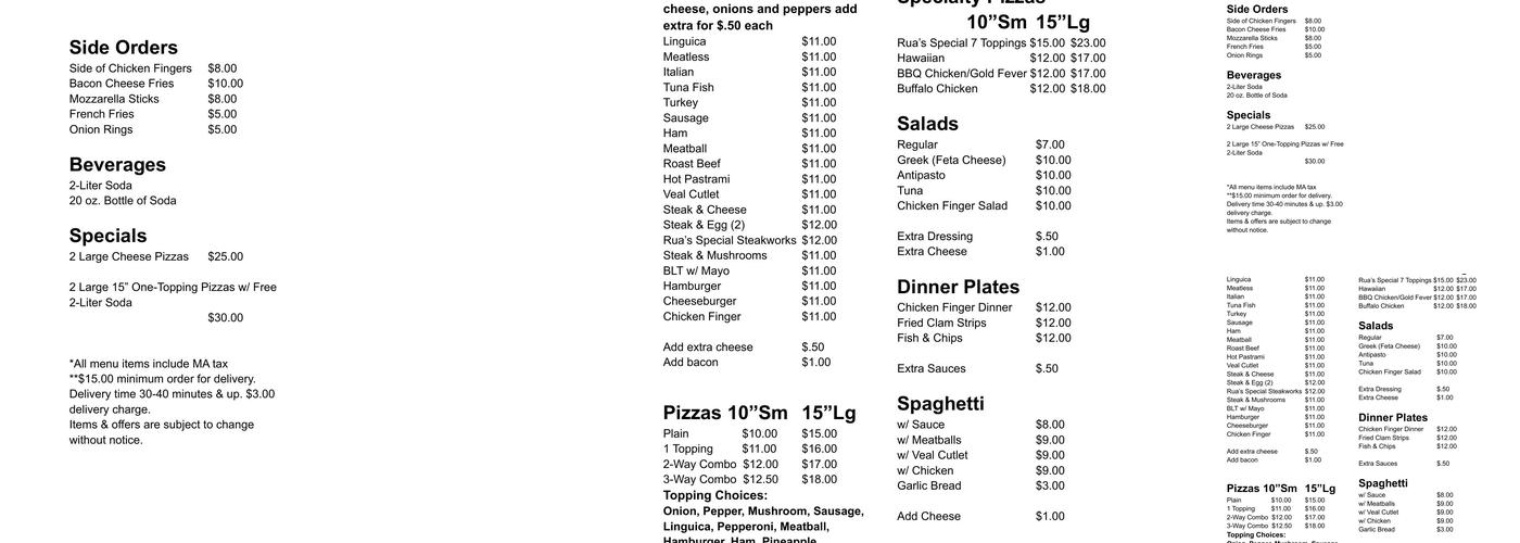 Rua's West End Pizzeria Menu