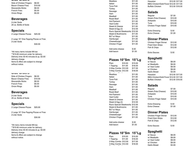 Rua's West End Pizzeria Menu