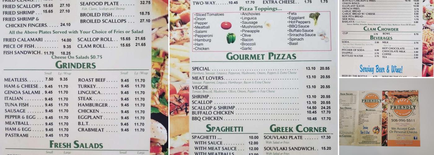 Friendly Pizza Menu