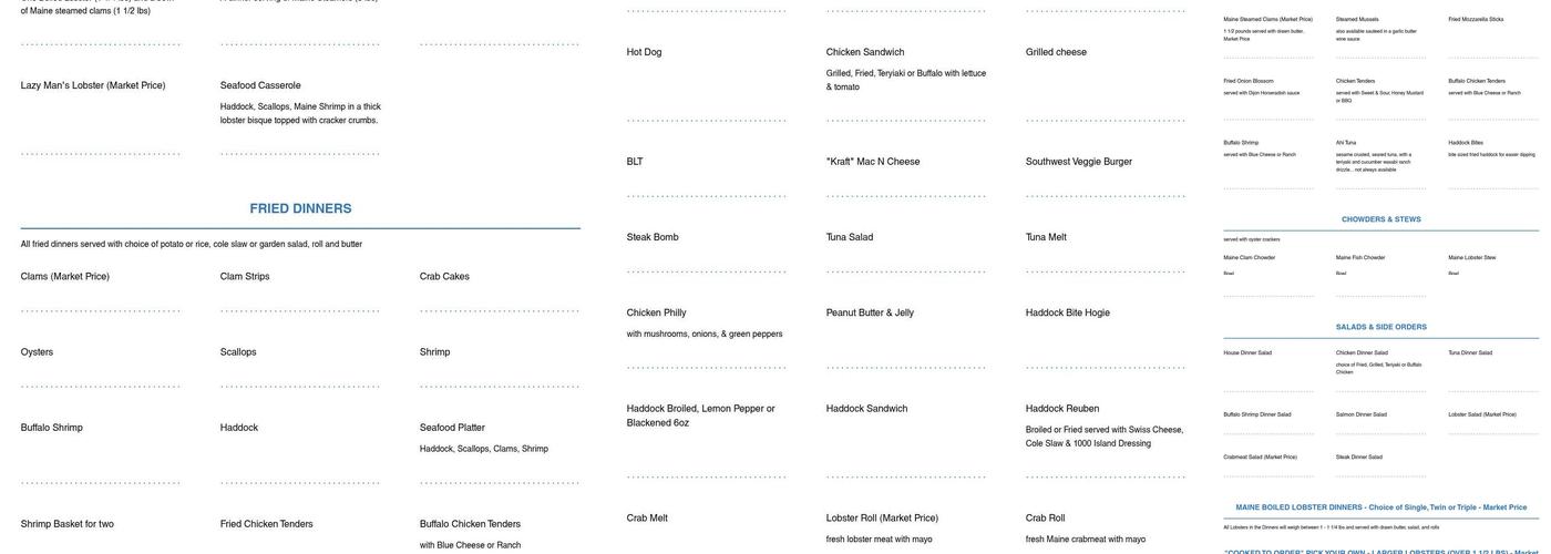 Shaw's Fish & Lobster Wharf Menu
