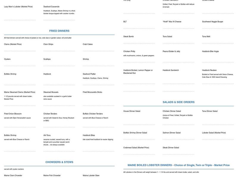 Shaw's Fish & Lobster Wharf Menu