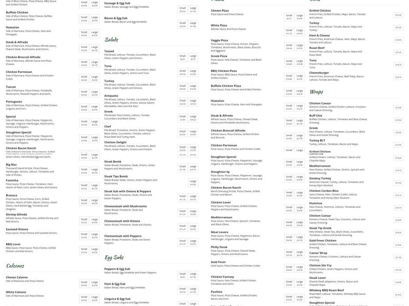 Stoughton Pizza Menu