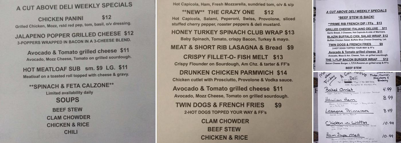 A Cut Above Deli Menu
